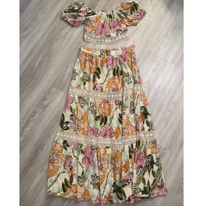 Z&L Europe Tropical Floral Boho 2 Piece Set Crop Top S Maxi Skirt L Green Pink